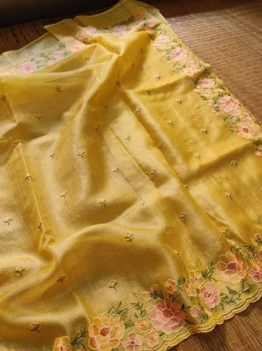 Graceful Charm: Handcrafted Kota Doria Saree with Intricate Embroidery